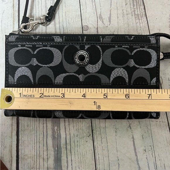 Coach Black Silver Signature Monogram Canvas Stripe Wristlet Wallet Metallic EUC - Picture 4 of 16